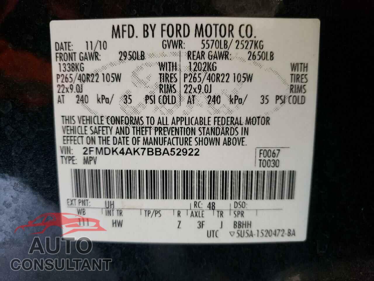 FORD EDGE 2011 - 2FMDK4AK7BBA52922