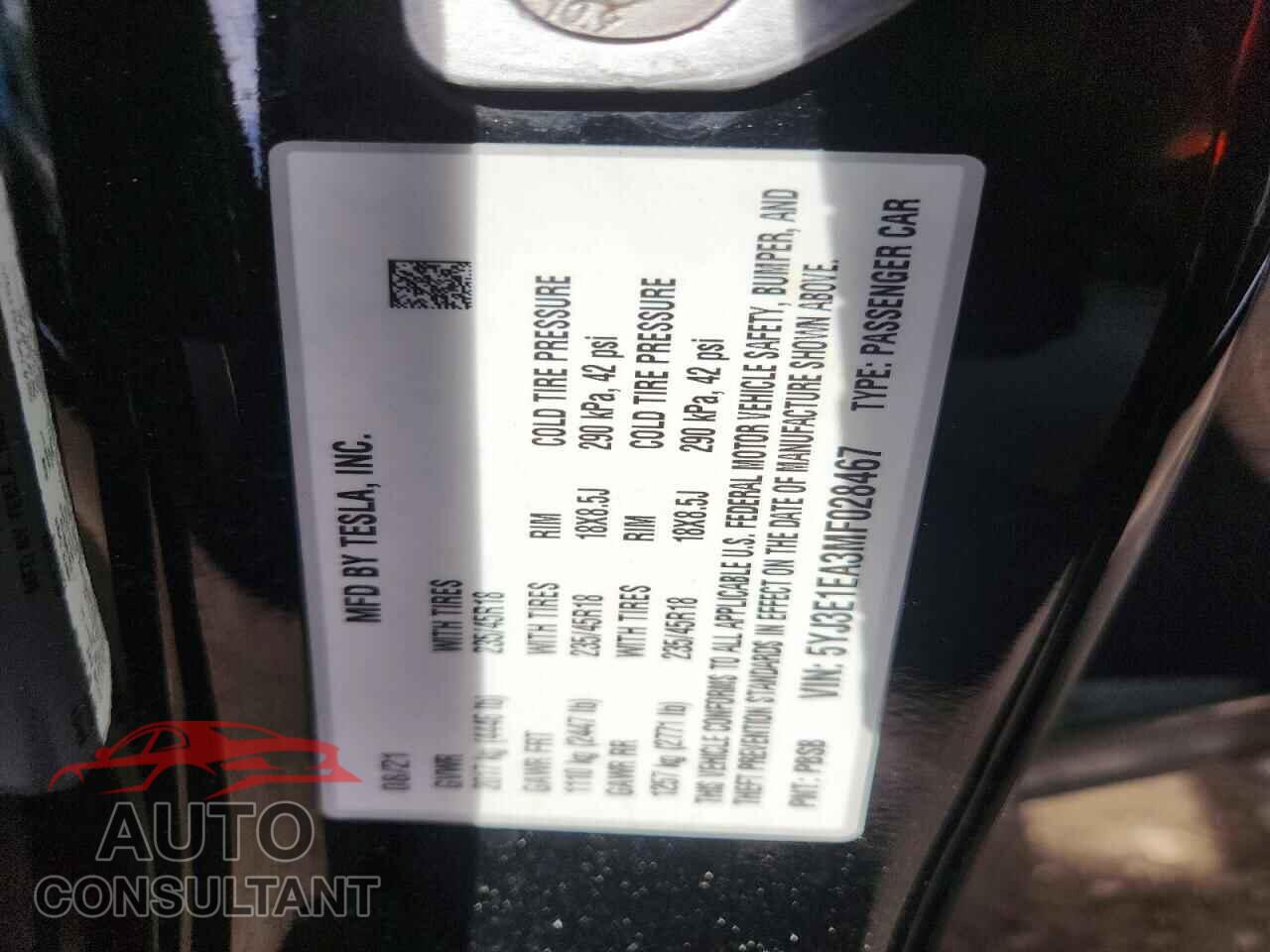 TESLA MODEL 3 2021 - 5YJ3E1EA3MF028467