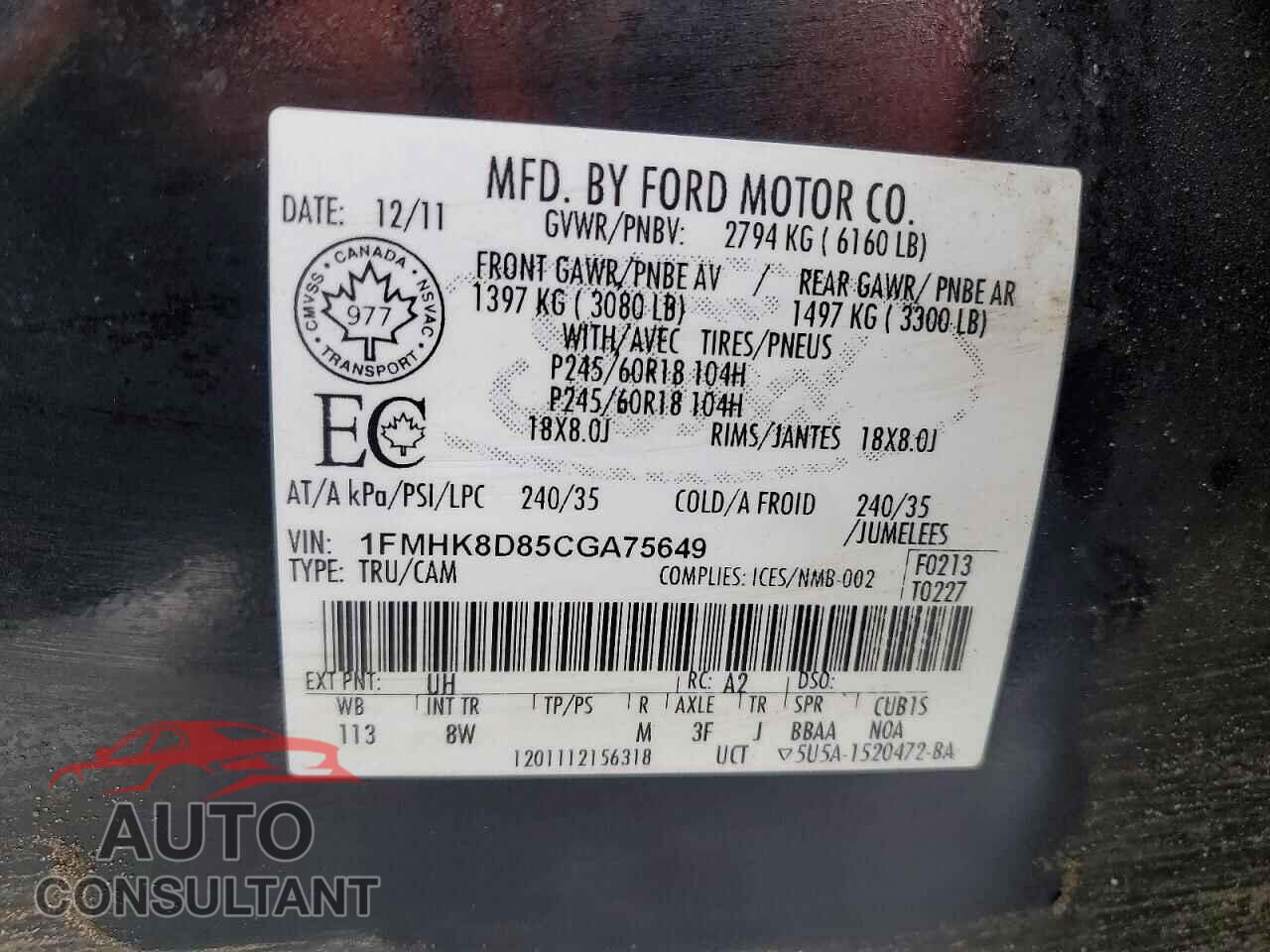 FORD EXPLORER 2012 - 1FMHK8D85CGA75649