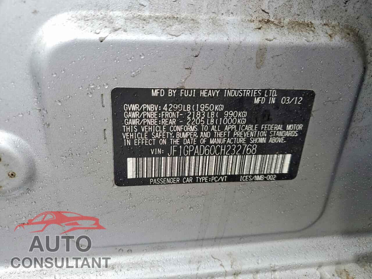 SUBARU IMPREZA 2012 - JF1GPAD60CH232768