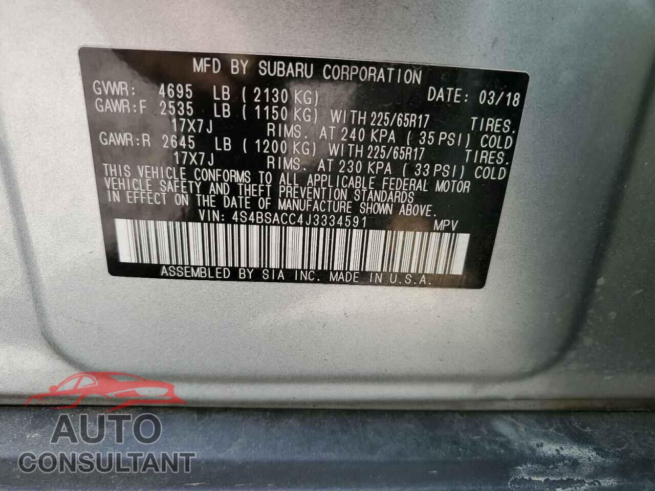 SUBARU OUTBACK 2018 - 4S4BSACC4J3334591