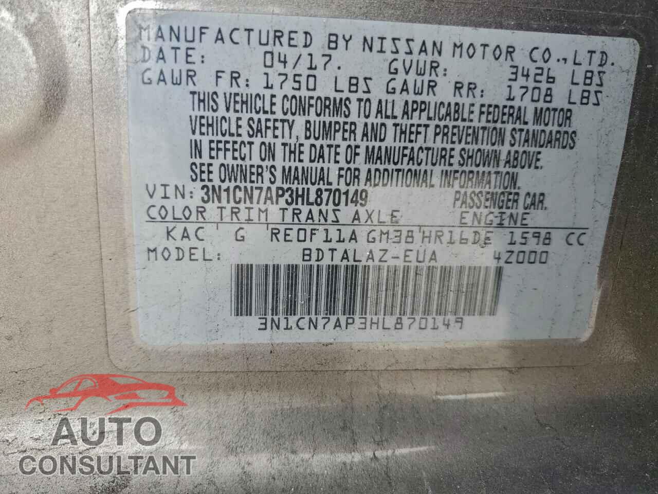 NISSAN VERSA 2017 - 3N1CN7AP3HL870149