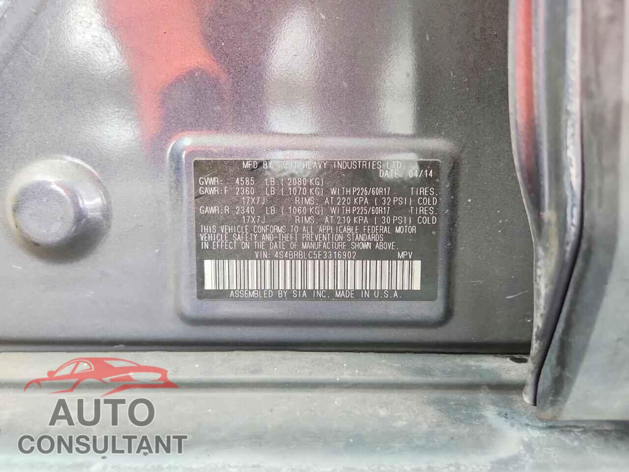 SUBARU OUTBACK 2014 - 4S4BRBLC5E3316902