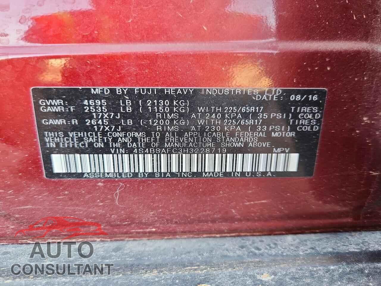 SUBARU OUTBACK 2017 - 4S4BSAFC3H3228719