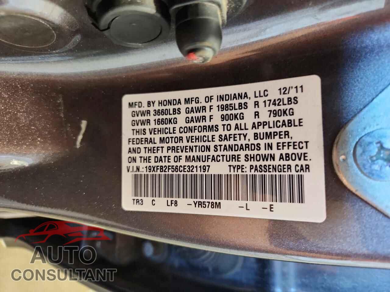 HONDA CIVIC 2012 - 19XFB2F56CE321197