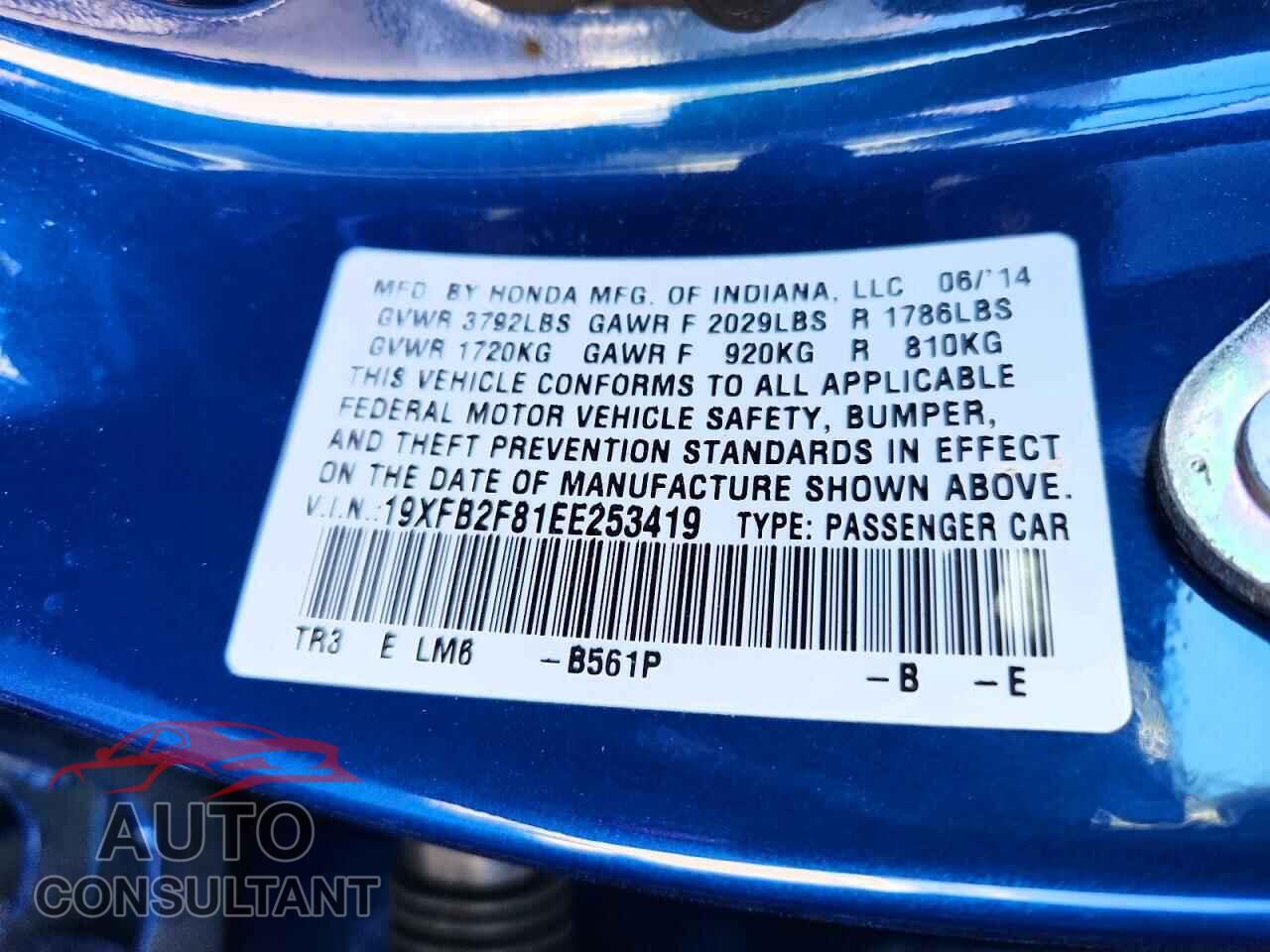 HONDA CIVIC 2014 - 19XFB2F81EE253419