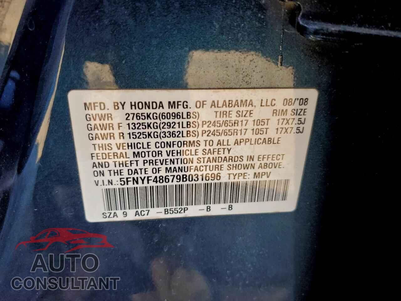 HONDA PILOT 2009 - 5FNYF48679B031696