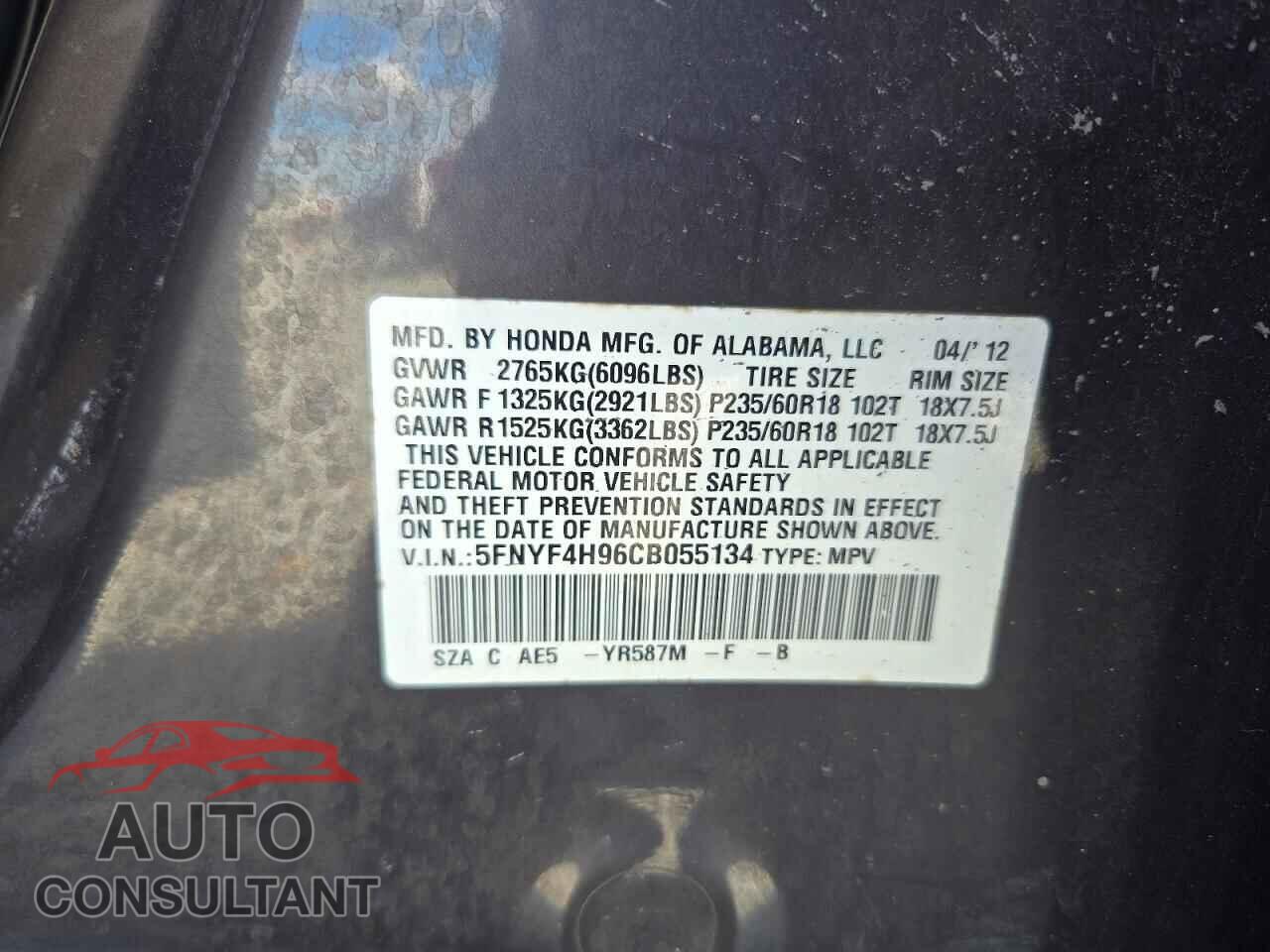 HONDA PILOT 2012 - 5FNYF4H96CB055134
