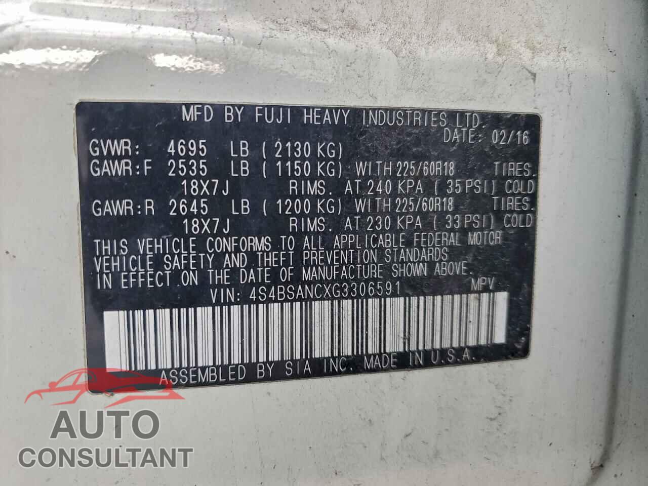 SUBARU OUTBACK 2016 - 4S4BSANCXG3306591