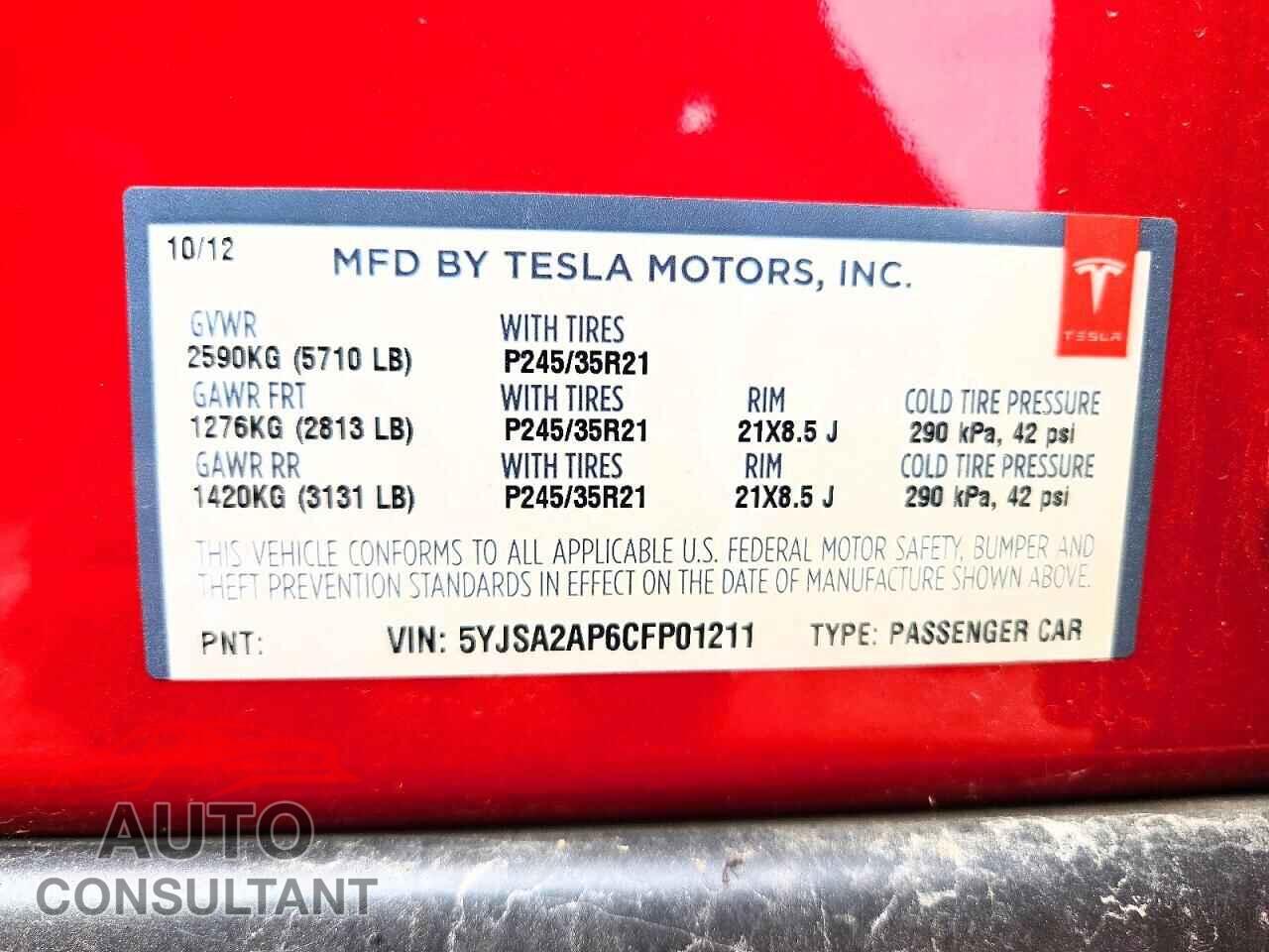 TESLA MODEL S 2012 - 5YJSA2AP6CFP01211