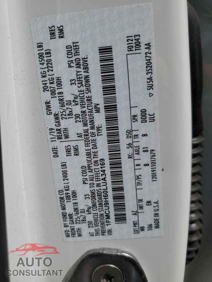 FORD ESCAPE 2020 - 1FMCU9H60LUA34169