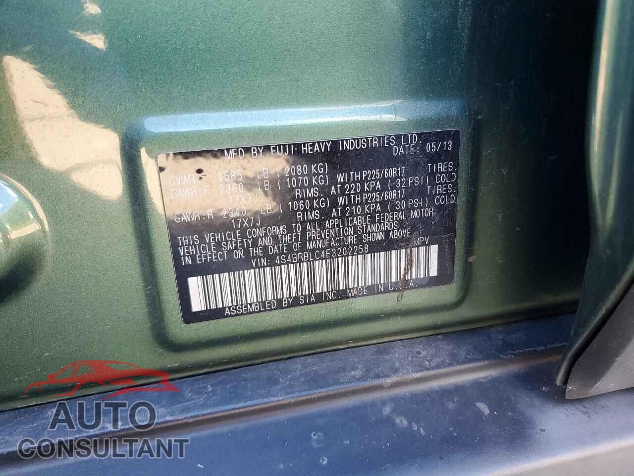 SUBARU OUTBACK 2014 - 4S4BRBLC4E3202258