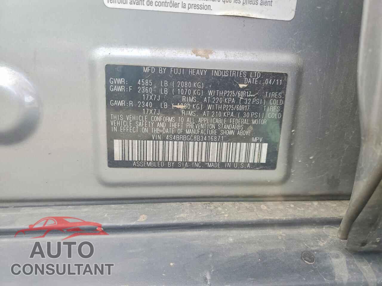 SUBARU OUTBACK 2011 - 4S4BRBGC8B3416871