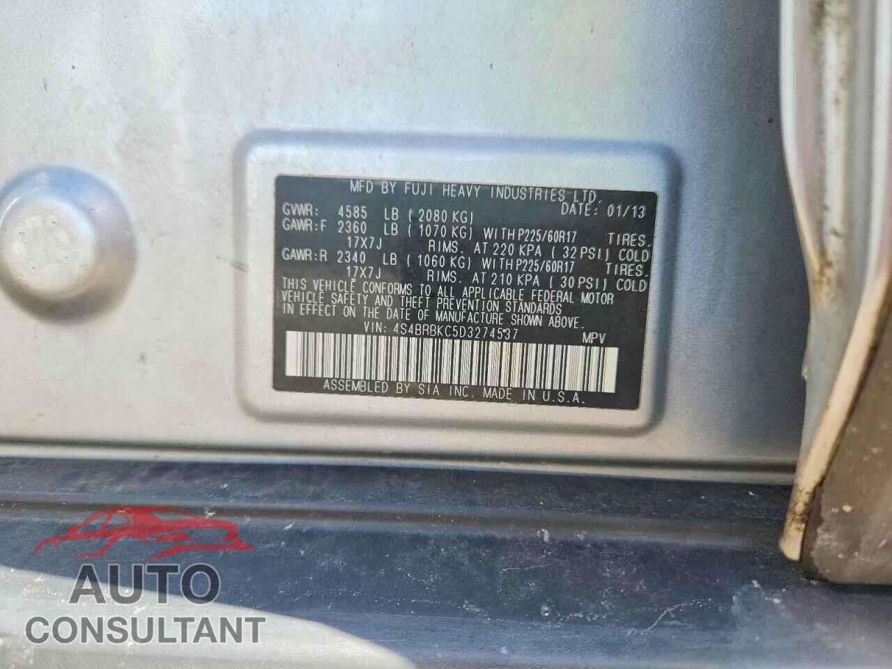 SUBARU OUTBACK 2013 - 4S4BRBKC5D3274537