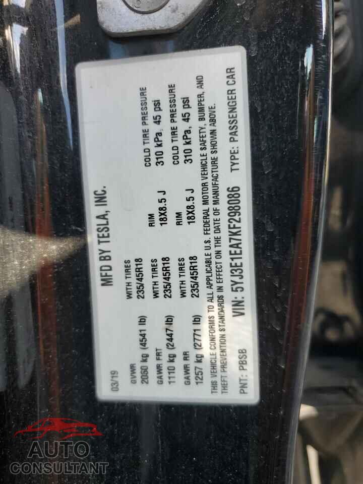 TESLA MODEL 3 2019 - 5YJ3E1EA7KF298086