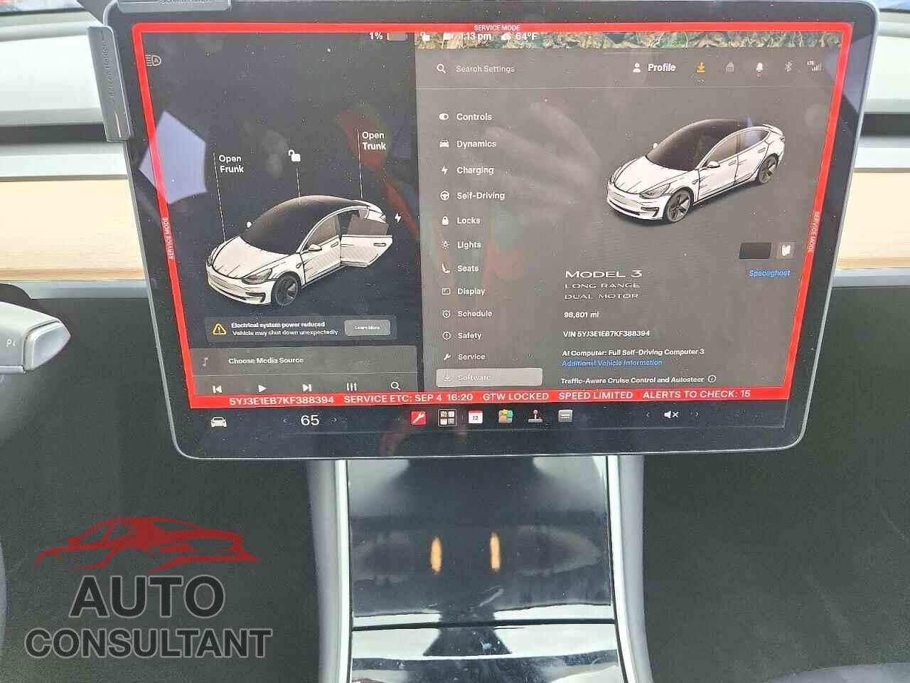 TESLA MODEL 3 2019 - 5YJ3E1EB7KF388394