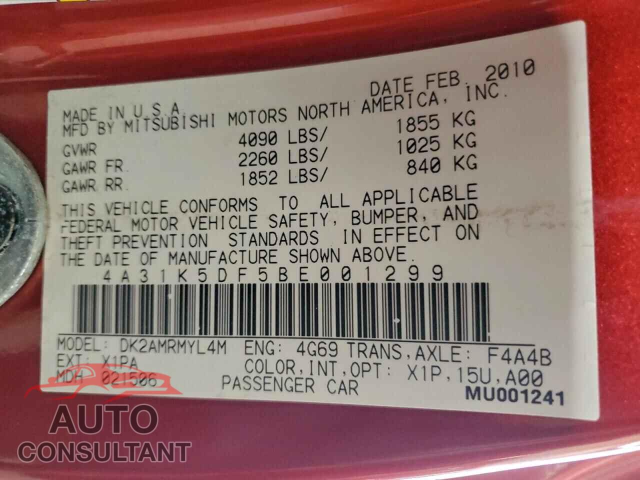 MITSUBISHI ECLIPSE 2011 - 4A31K5DF5BE001299