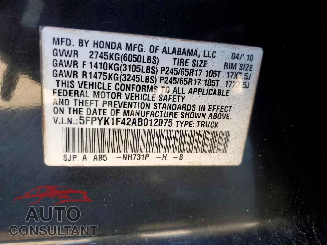HONDA RIDGELINE 2010 - 5FPYK1F42AB012075