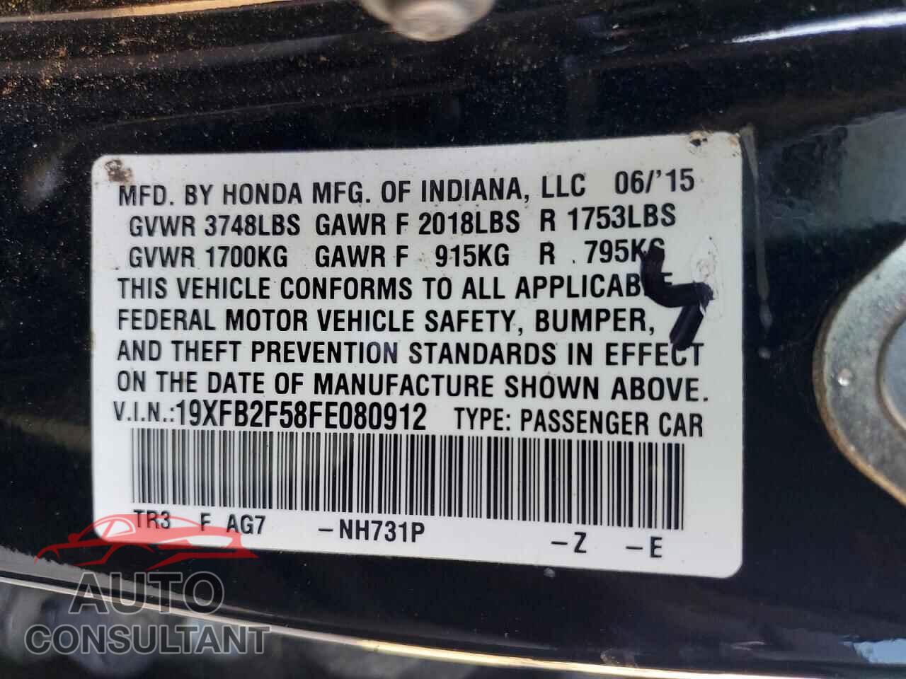 HONDA CIVIC 2015 - 19XFB2F58FE080912