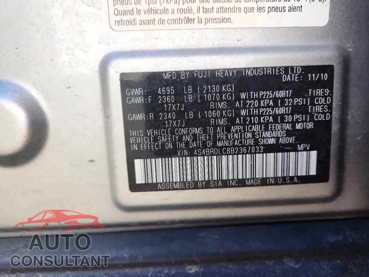 SUBARU OUTBACK 2011 - 4S4BRDLC8B2367033