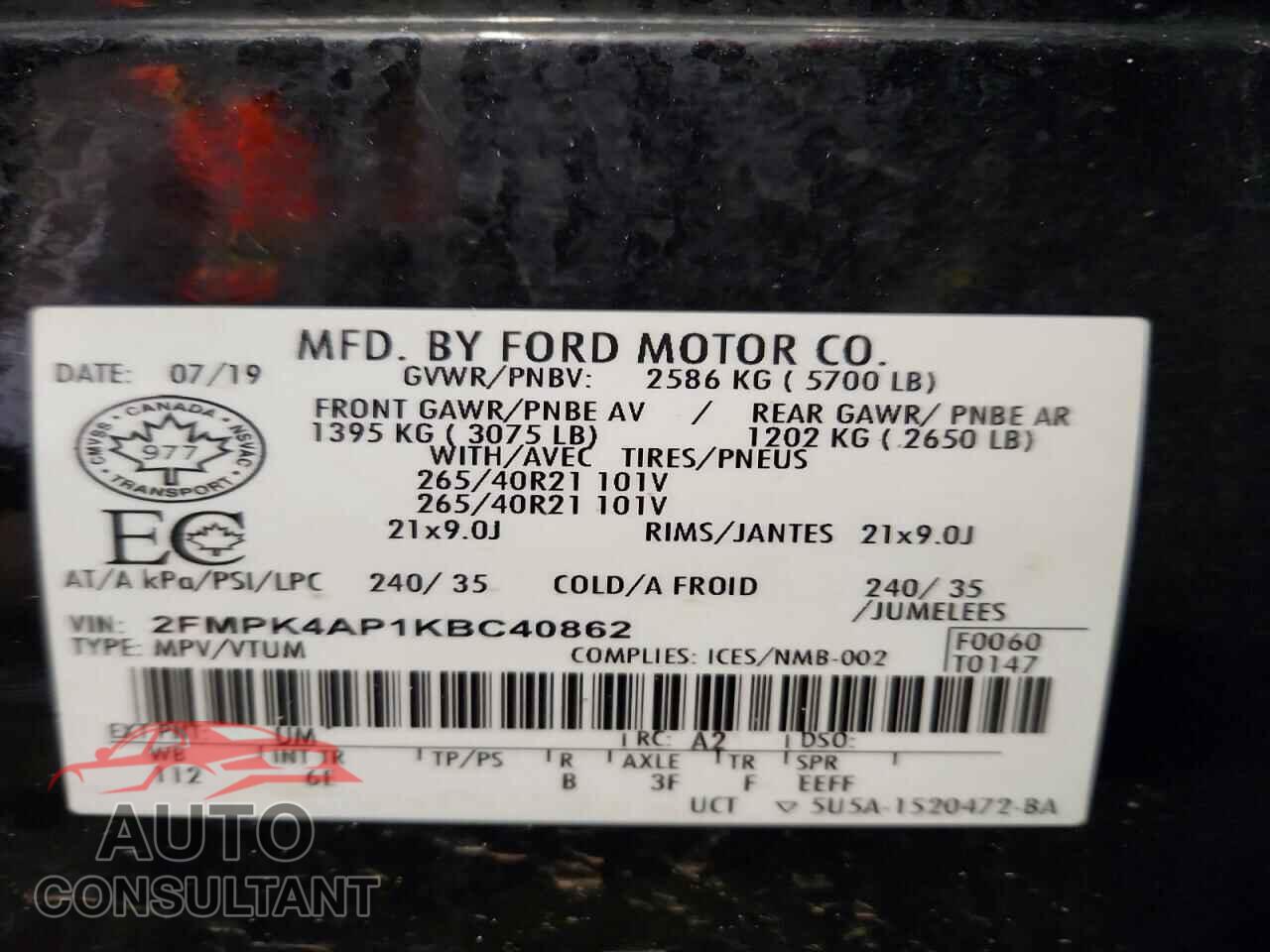 FORD EDGE 2019 - 2FMPK4AP1KBC40862