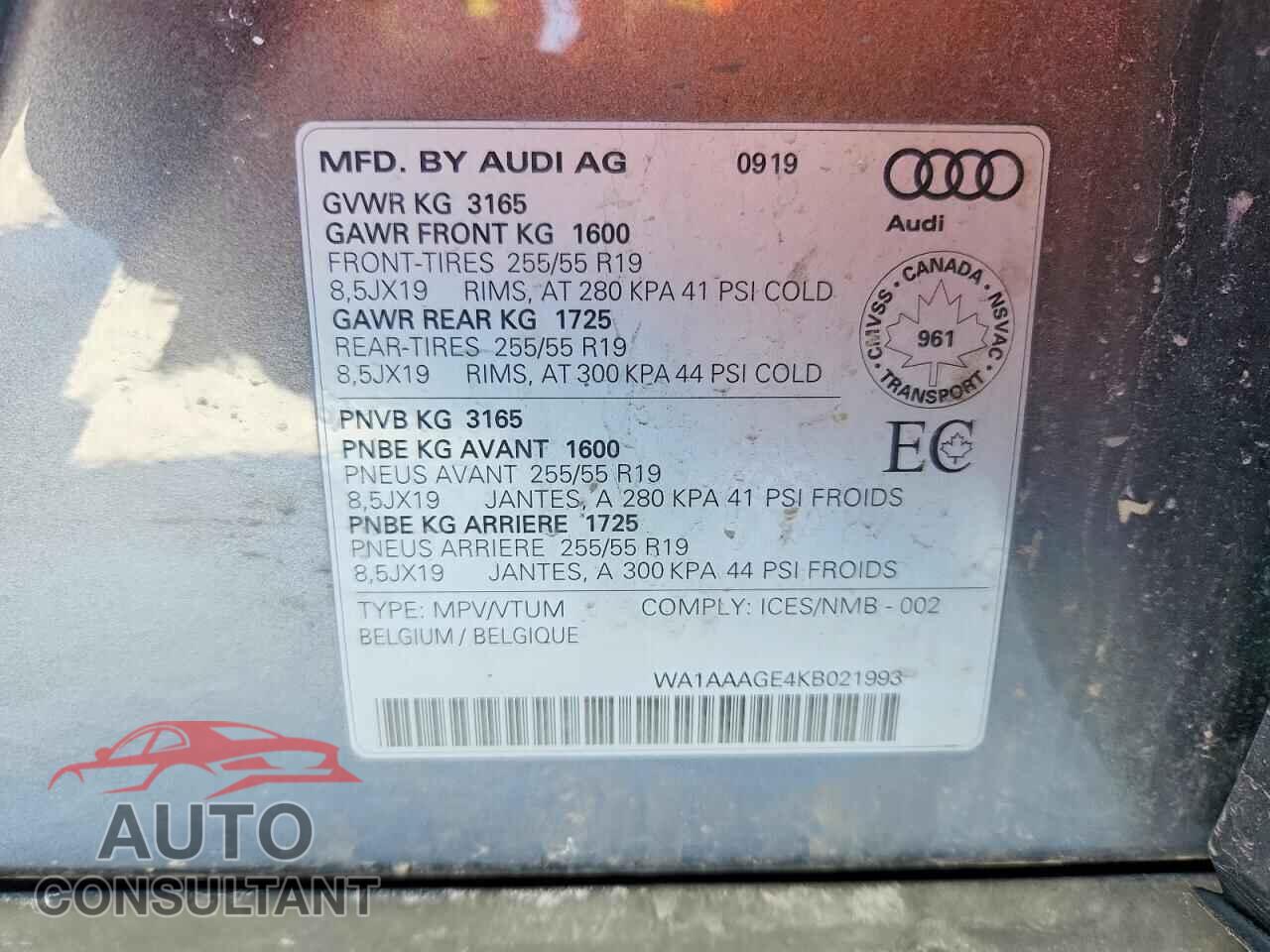 AUDI E-TRON 2019 - WA1AAAGE4KB021993