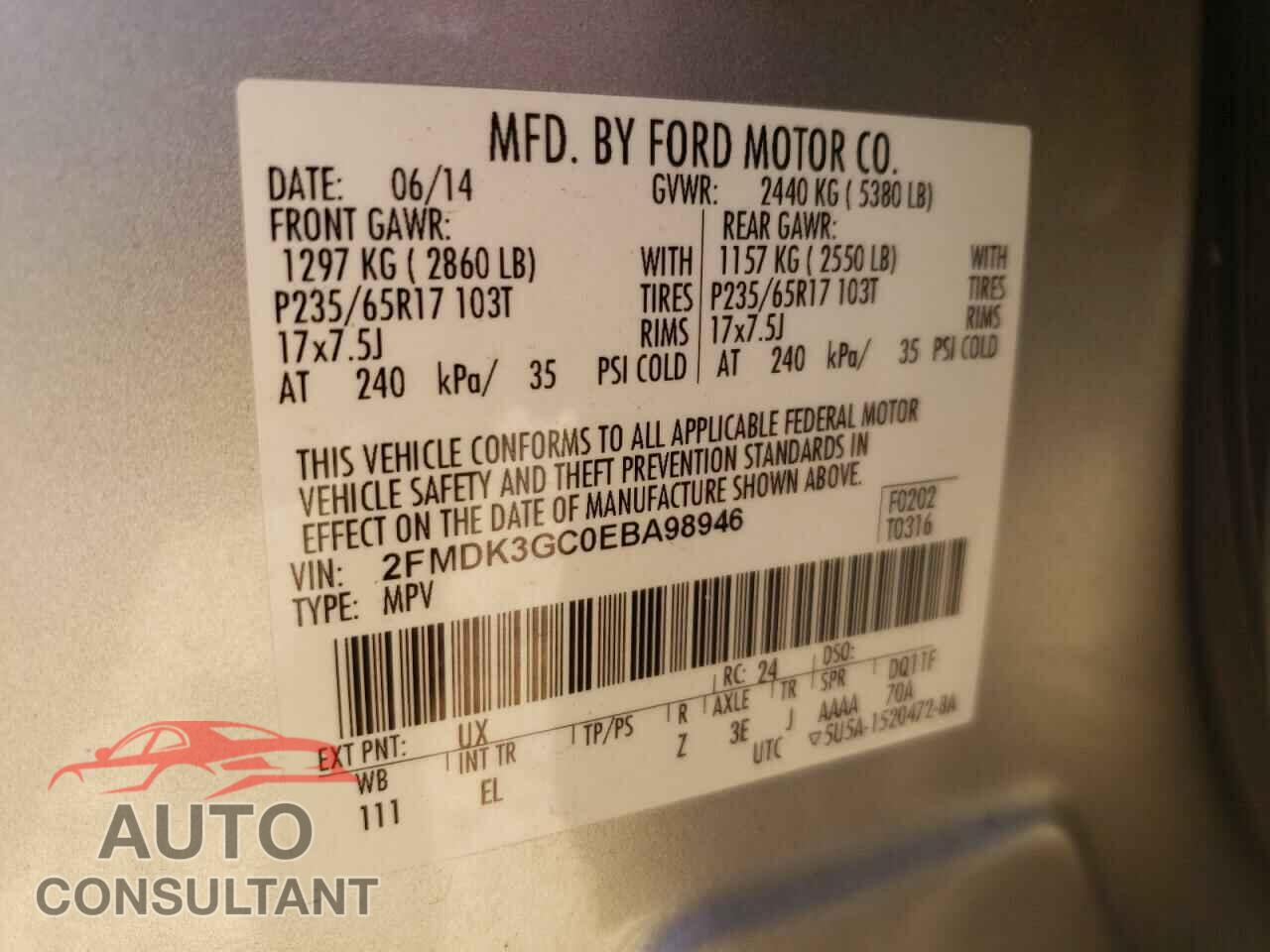 FORD EDGE 2014 - 2FMDK3GC0EBA98946