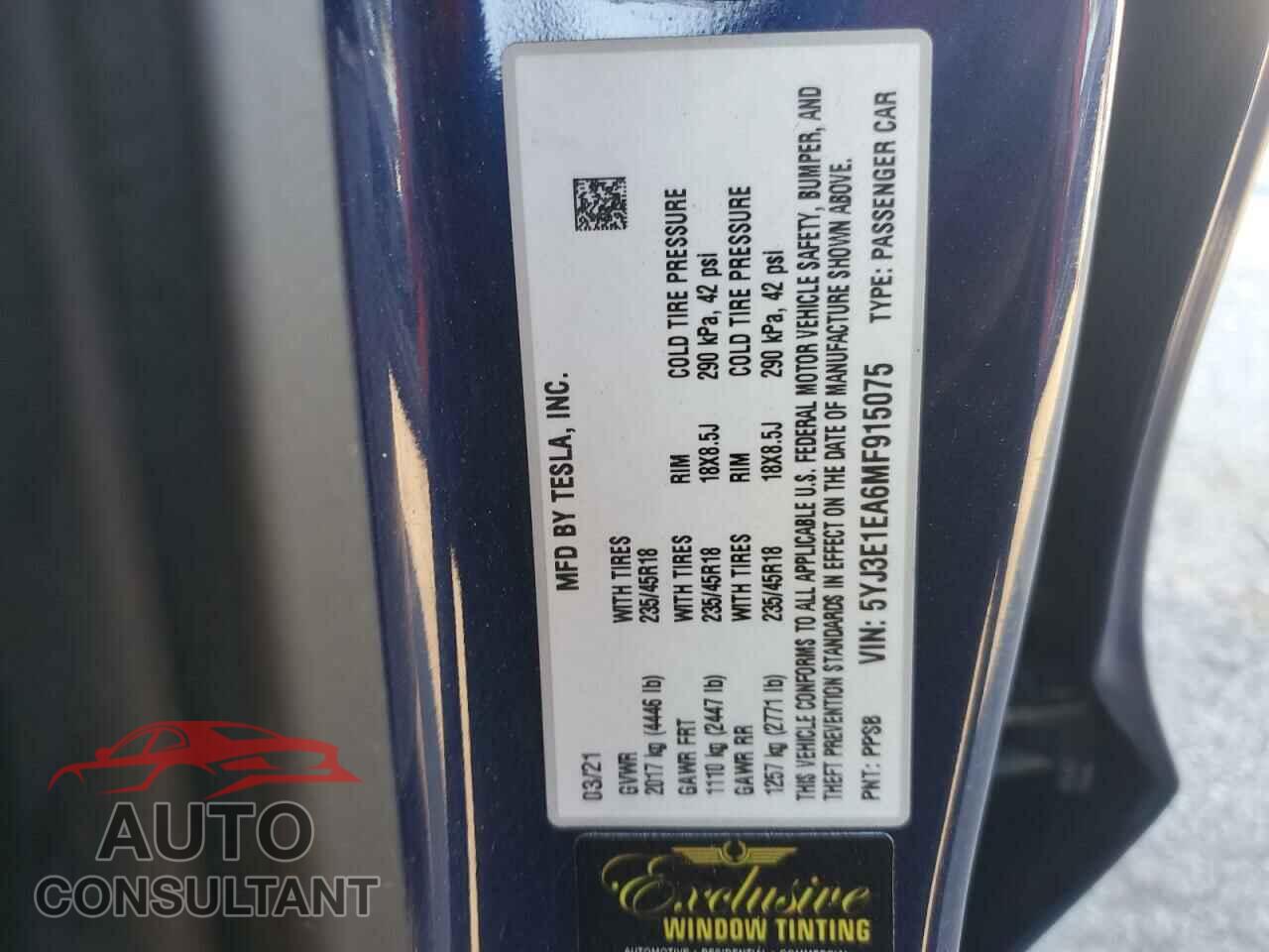 TESLA MODEL 3 2021 - 5YJ3E1EA6MF915075