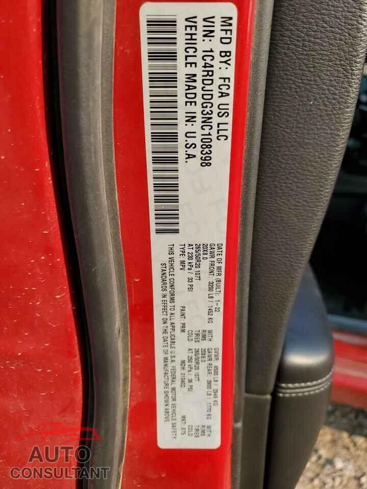 DODGE DURANGO 2022 - 1C4RDJDG3NC108398