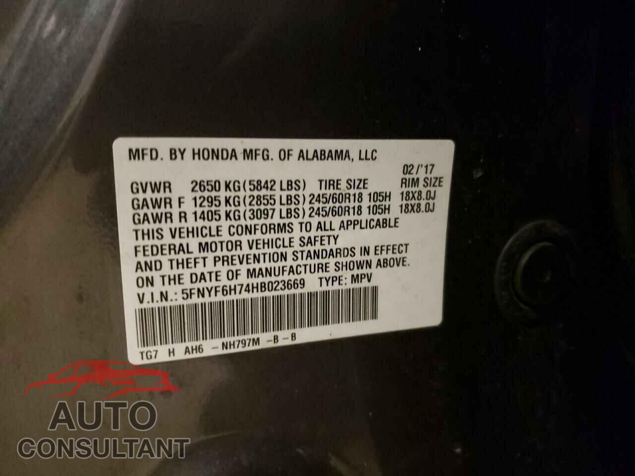 HONDA PILOT 2017 - 5FNYF6H74HB023669