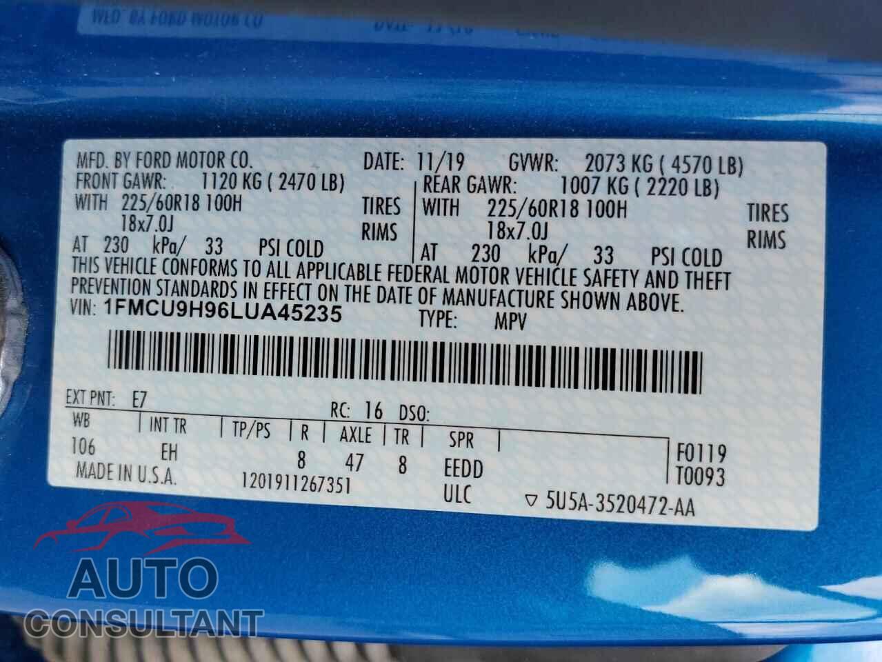 FORD ESCAPE 2020 - 1FMCU9H96LUA45235