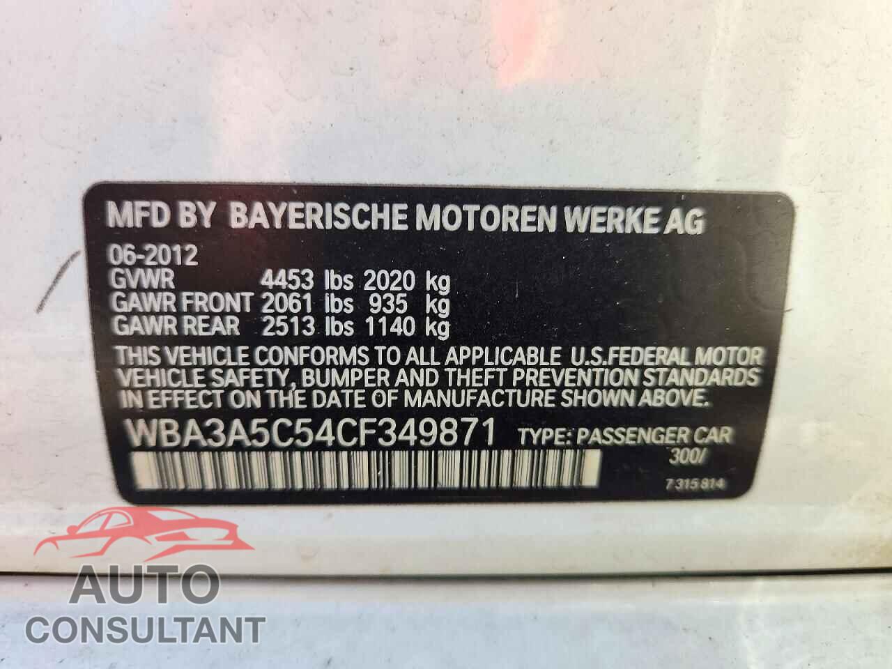 BMW 3 SERIES 2012 - WBA3A5C54CF349871