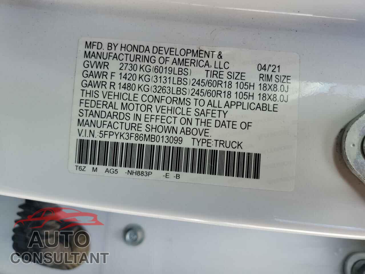 HONDA RIDGELINE 2021 - 5FPYK3F86MB013099