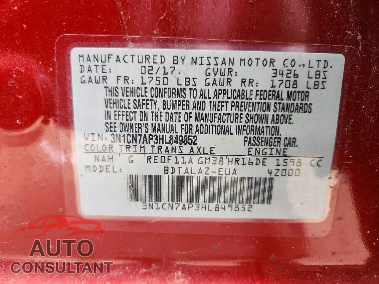 NISSAN VERSA 2017 - 3N1CN7AP3HL849852