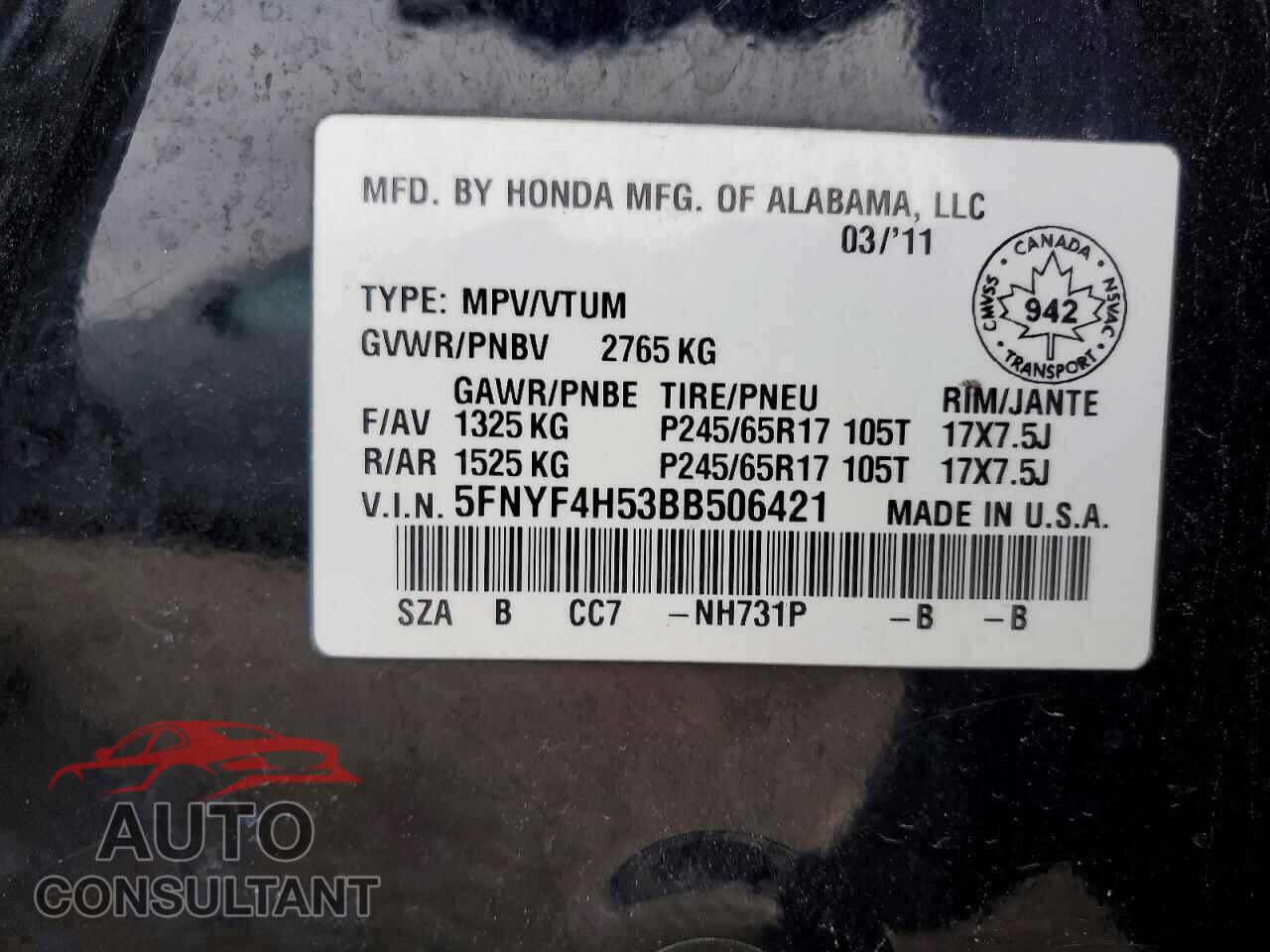 HONDA PILOT 2011 - 5FNYF4H53BB506421