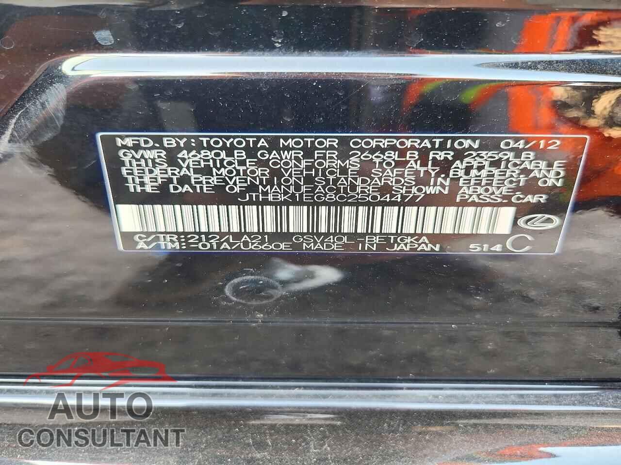 LEXUS ES350 2012 - JTHBK1EG8C2504477