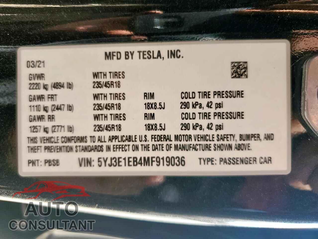 TESLA MODEL 3 2021 - 5YJ3E1EB4MF919036