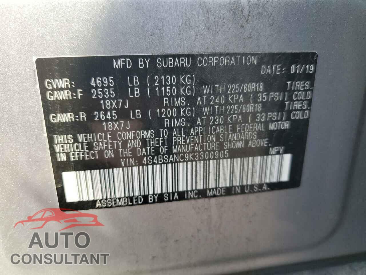 SUBARU OUTBACK 2019 - 4S4BSANC9K3300905