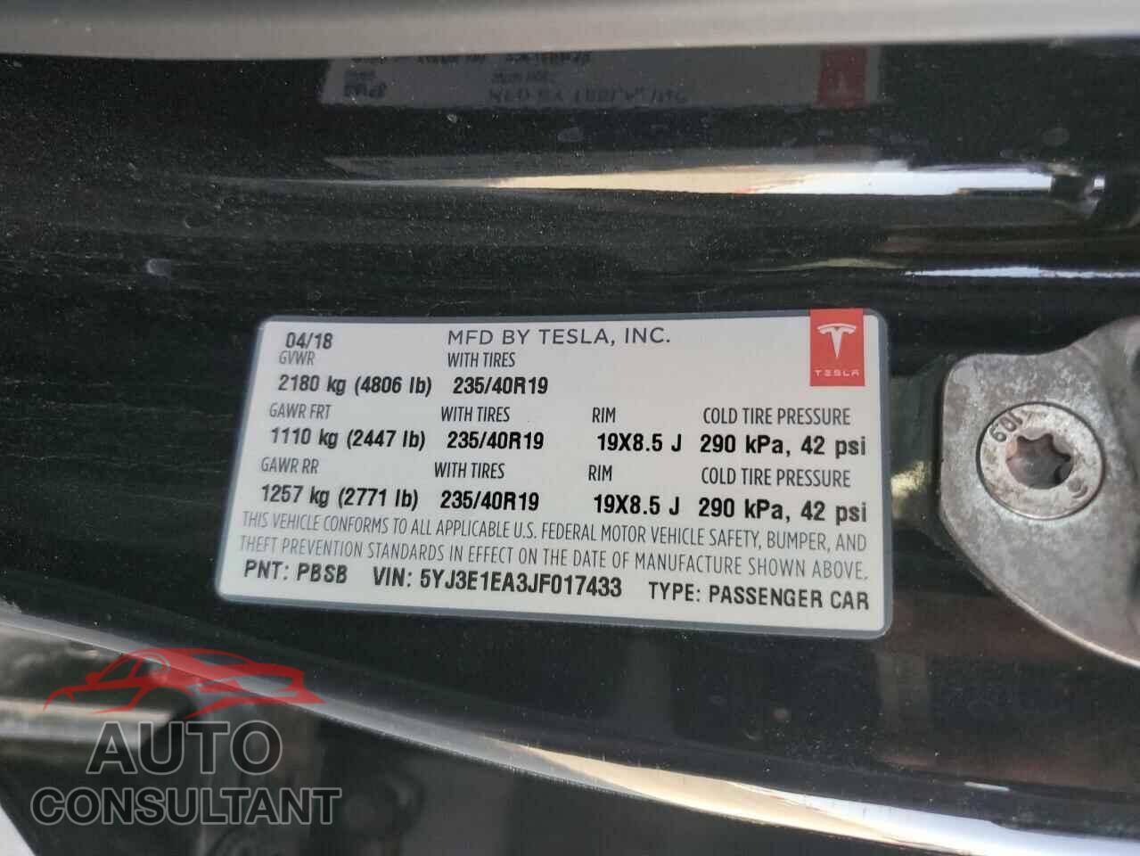 TESLA MODEL 3 2018 - 5YJ3E1EA3JF017433