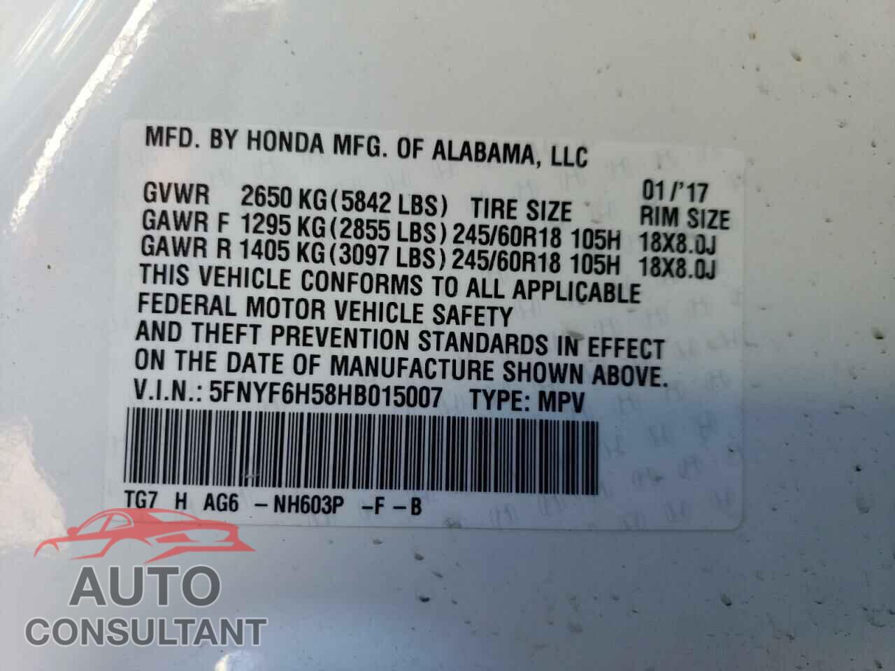 HONDA PILOT 2017 - 5FNYF6H58HB015007