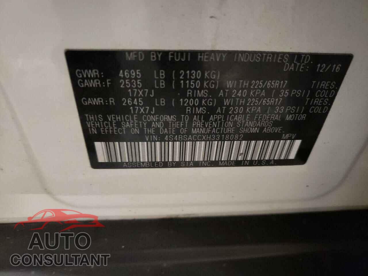 SUBARU OUTBACK 2017 - 4S4BSACCXH3318082