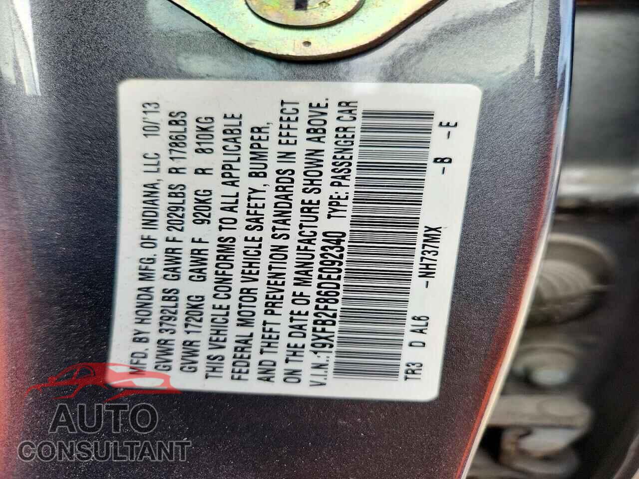 HONDA CIVIC 2013 - 19XFB2F86DE092340