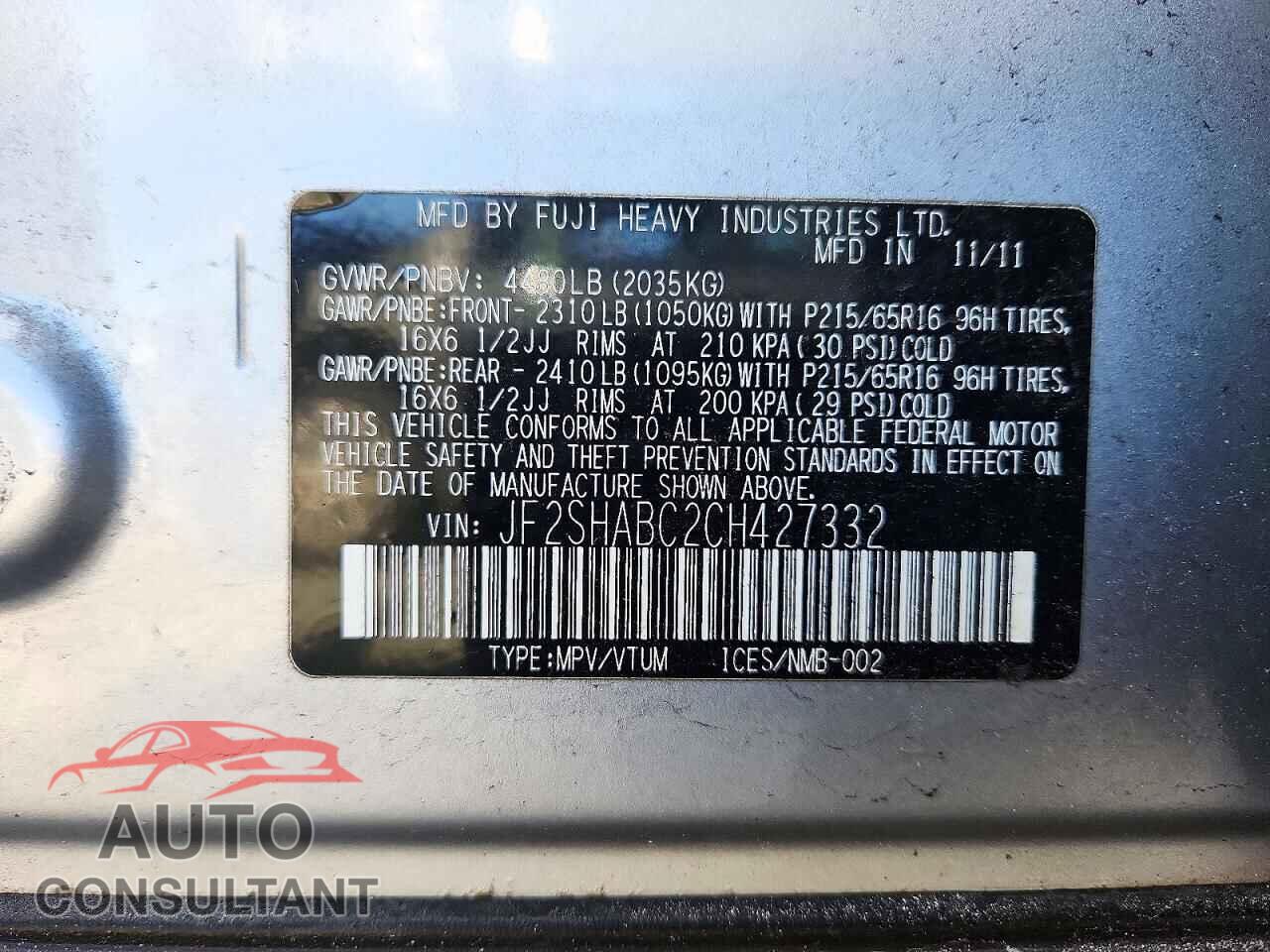 SUBARU FORESTER 2012 - JF2SHABC2CH427332