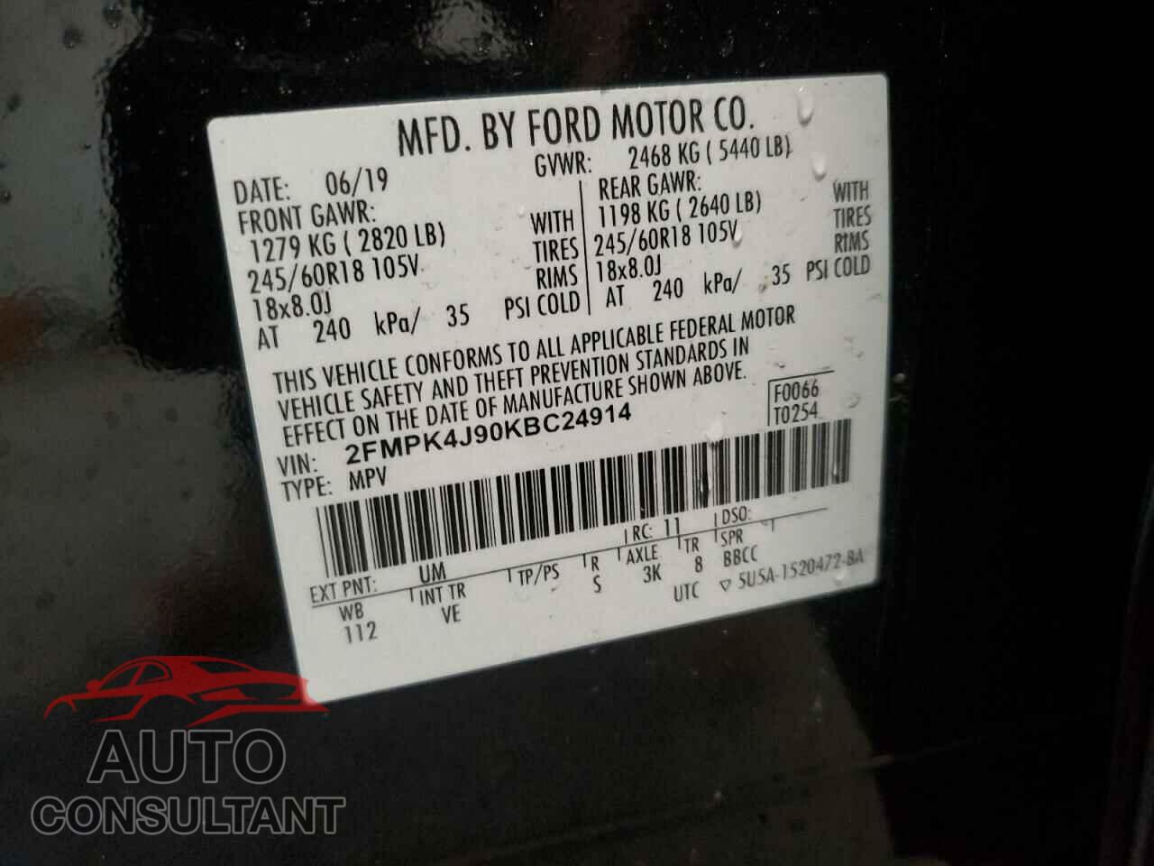 FORD EDGE 2019 - 2FMPK4J90KBC24914