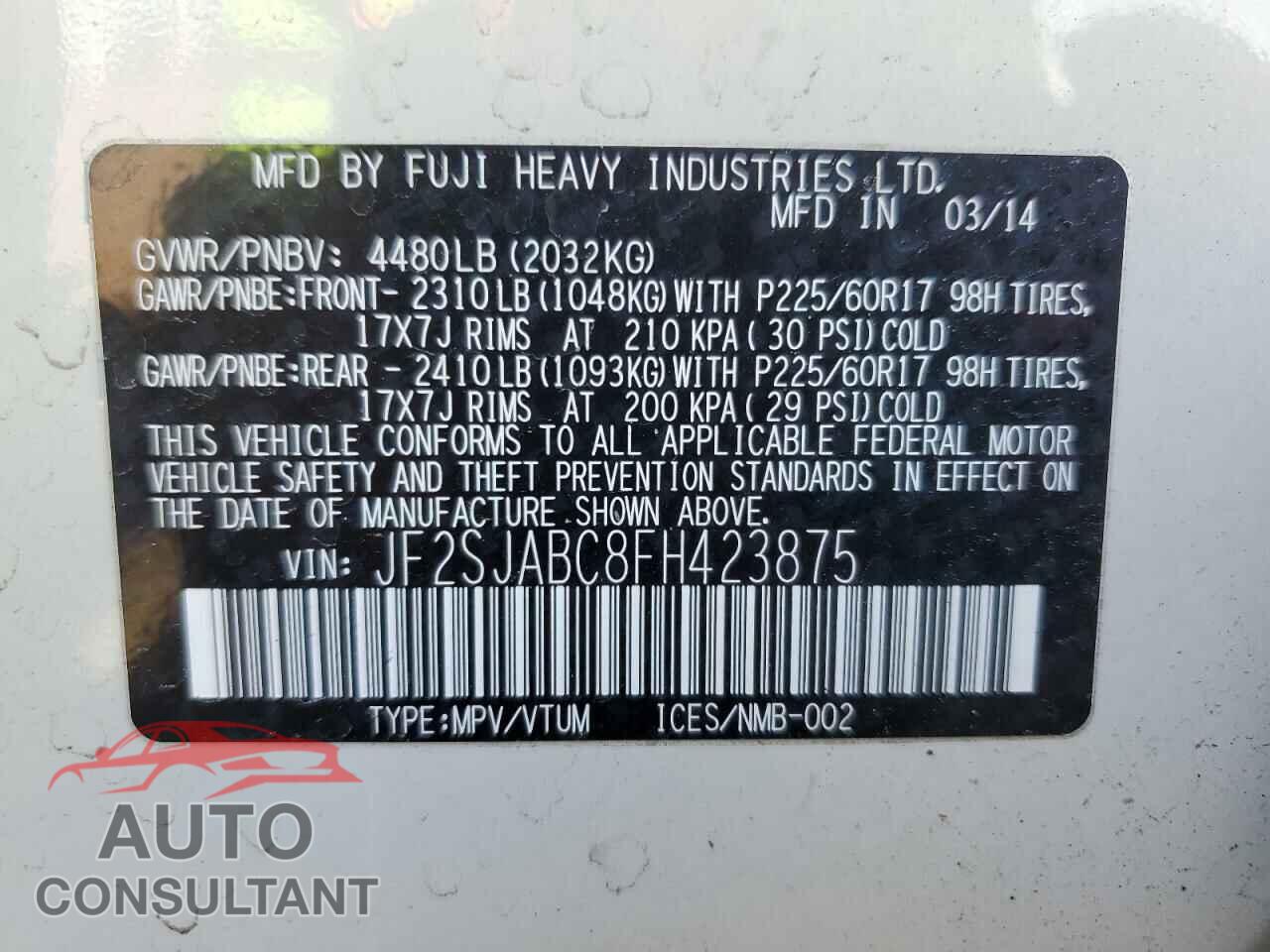 SUBARU FORESTER 2015 - JF2SJABC8FH423875