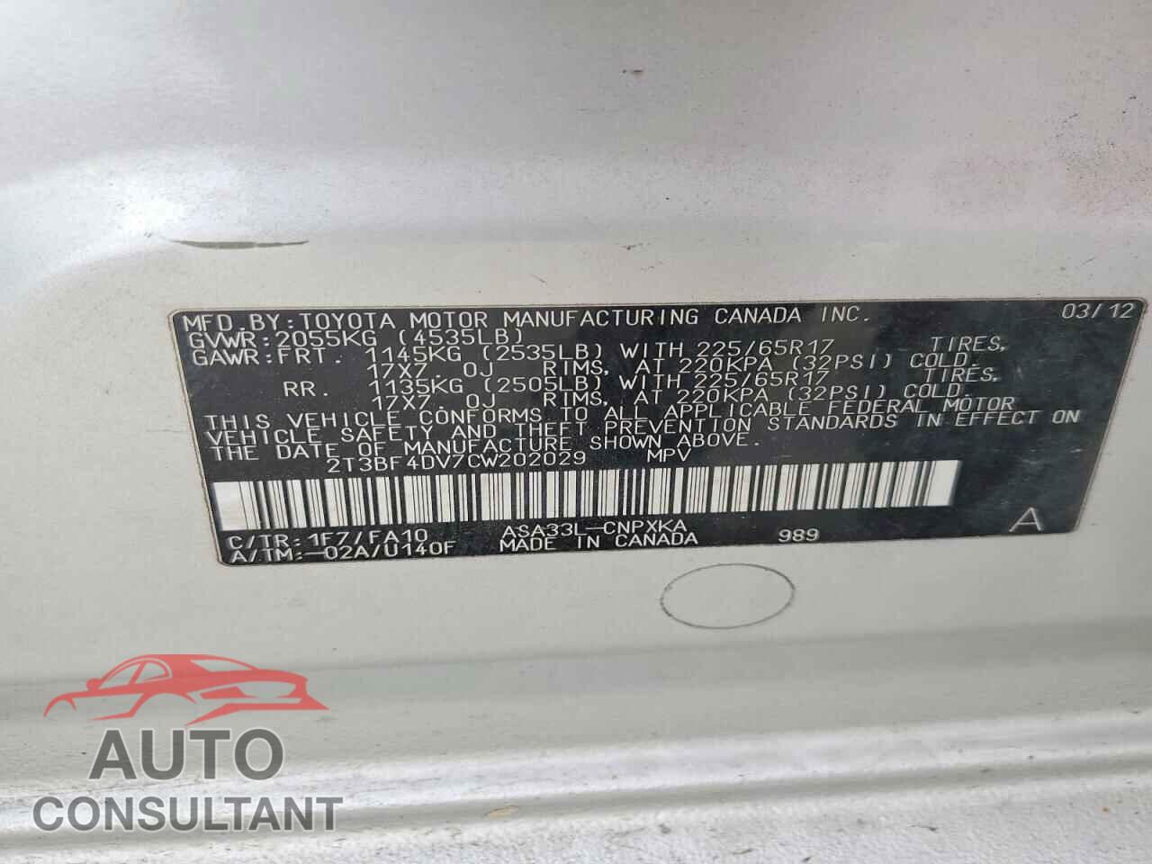 TOYOTA RAV4 2012 - 2T3BF4DV7CW202029