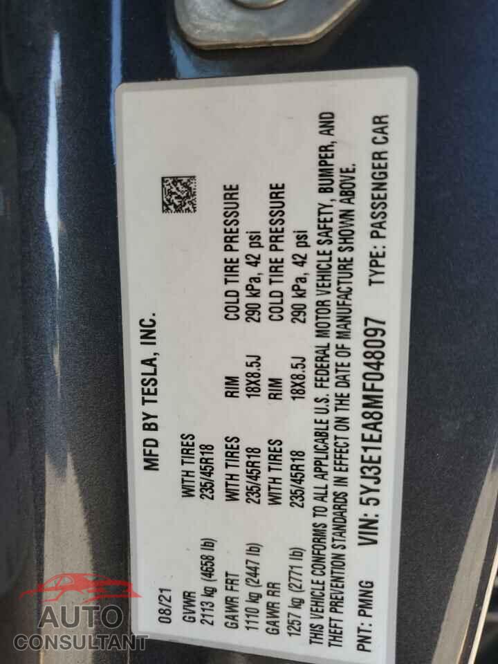 TESLA MODEL 3 2021 - 5YJ3E1EA8MF048097