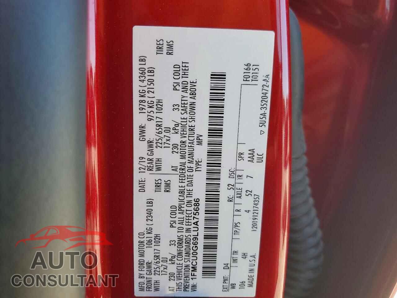 FORD ESCAPE 2020 - 1FMCU0G69LUA75686