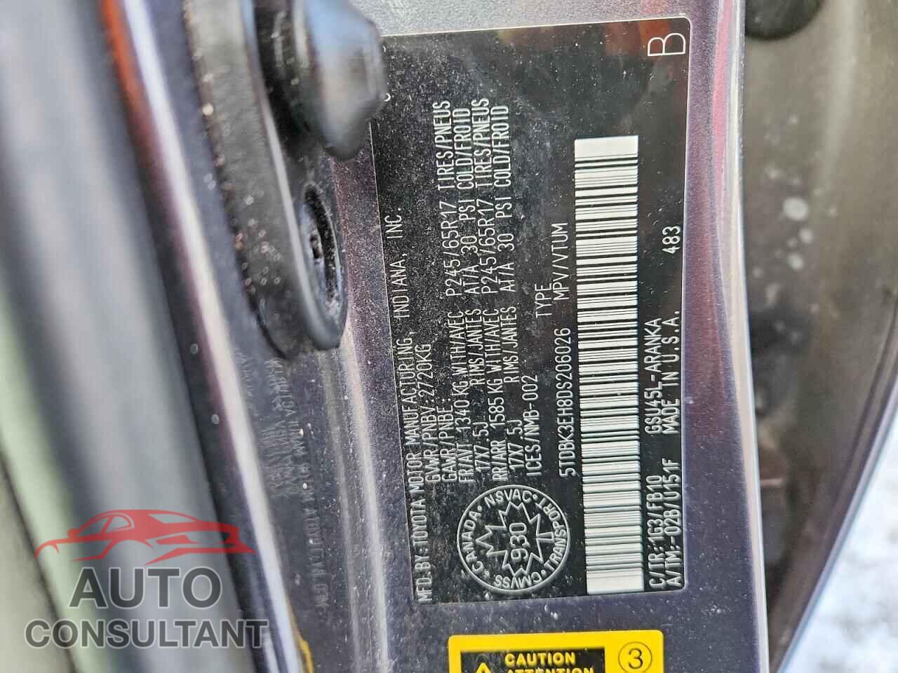 TOYOTA HIGHLANDER 2013 - 5TDBK3EH8DS206026