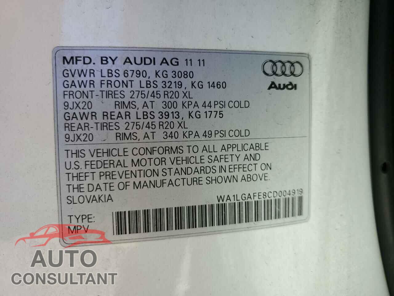 AUDI Q7 2012 - WA1LGAFE8CD004919